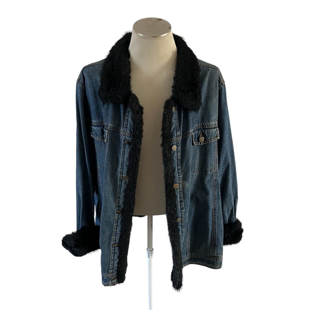 Y2K 2000s Plus Size Black Faux Fur Trim Collar Denim Jacket Wmns 2x